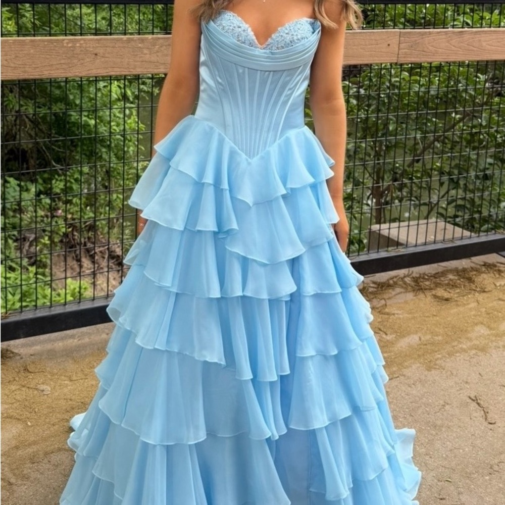 Sherri Hill Light Blue Tiered Prom Dress